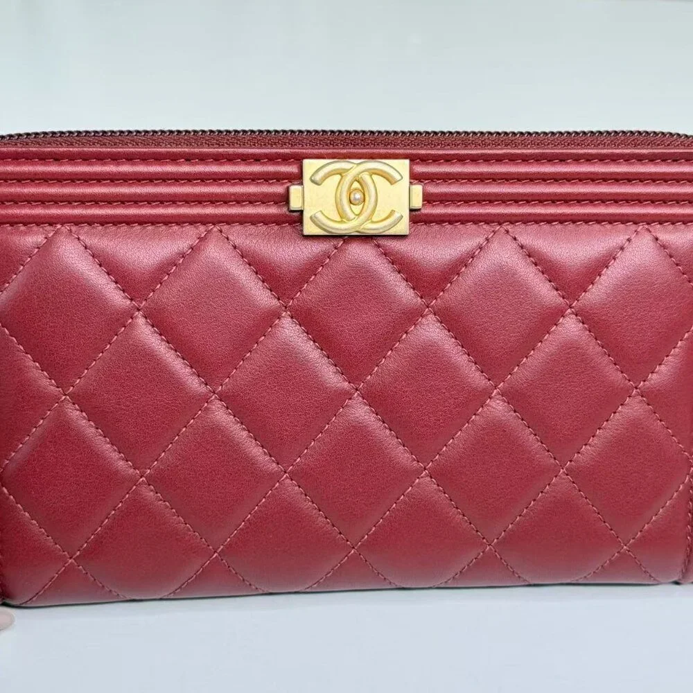 Chanel Dark Red Boy Wallet with Box Quilted Design & Gold Hardware